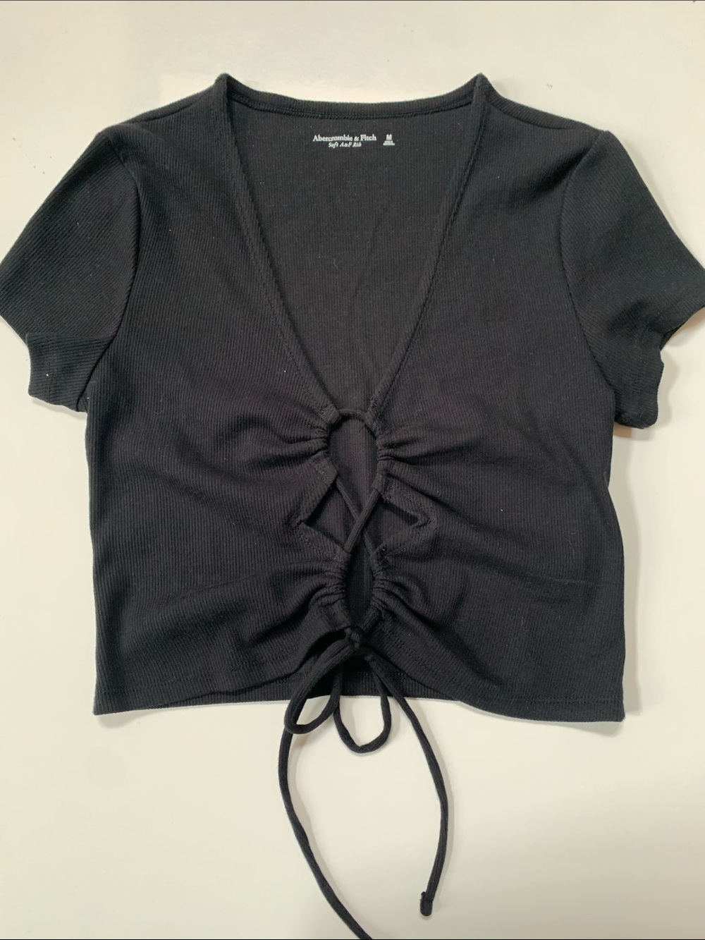 [M] A&F Black Ribbed Tie-Front Ruched Crop Top